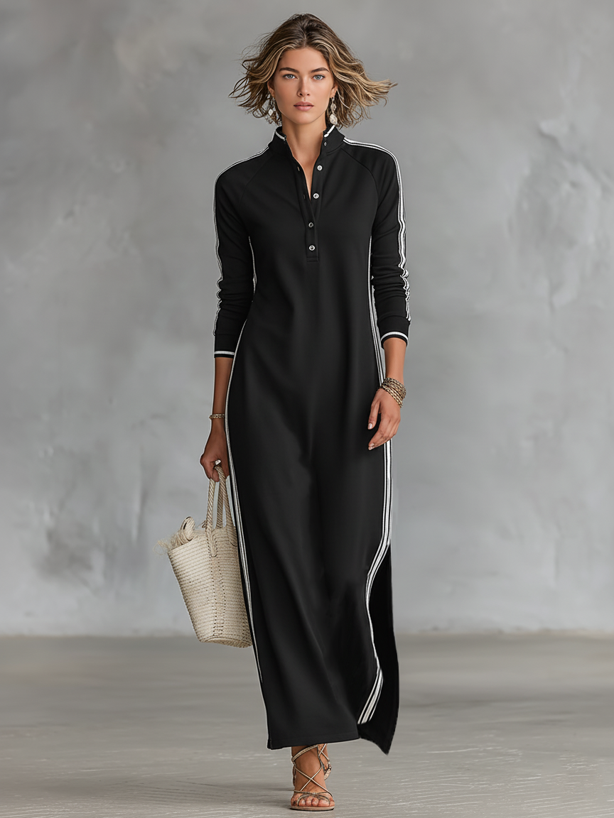 Matilda™ - Minimalist White-trimmed Button-down Collar Sweatshirt Maxi Dress