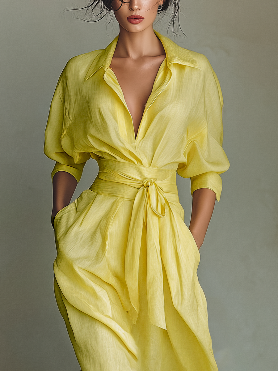 Millicent™ - Lemon Yellow Cotton And Linen Blend Maxi Shirt Dress With Tie Waist & Half Sleeves