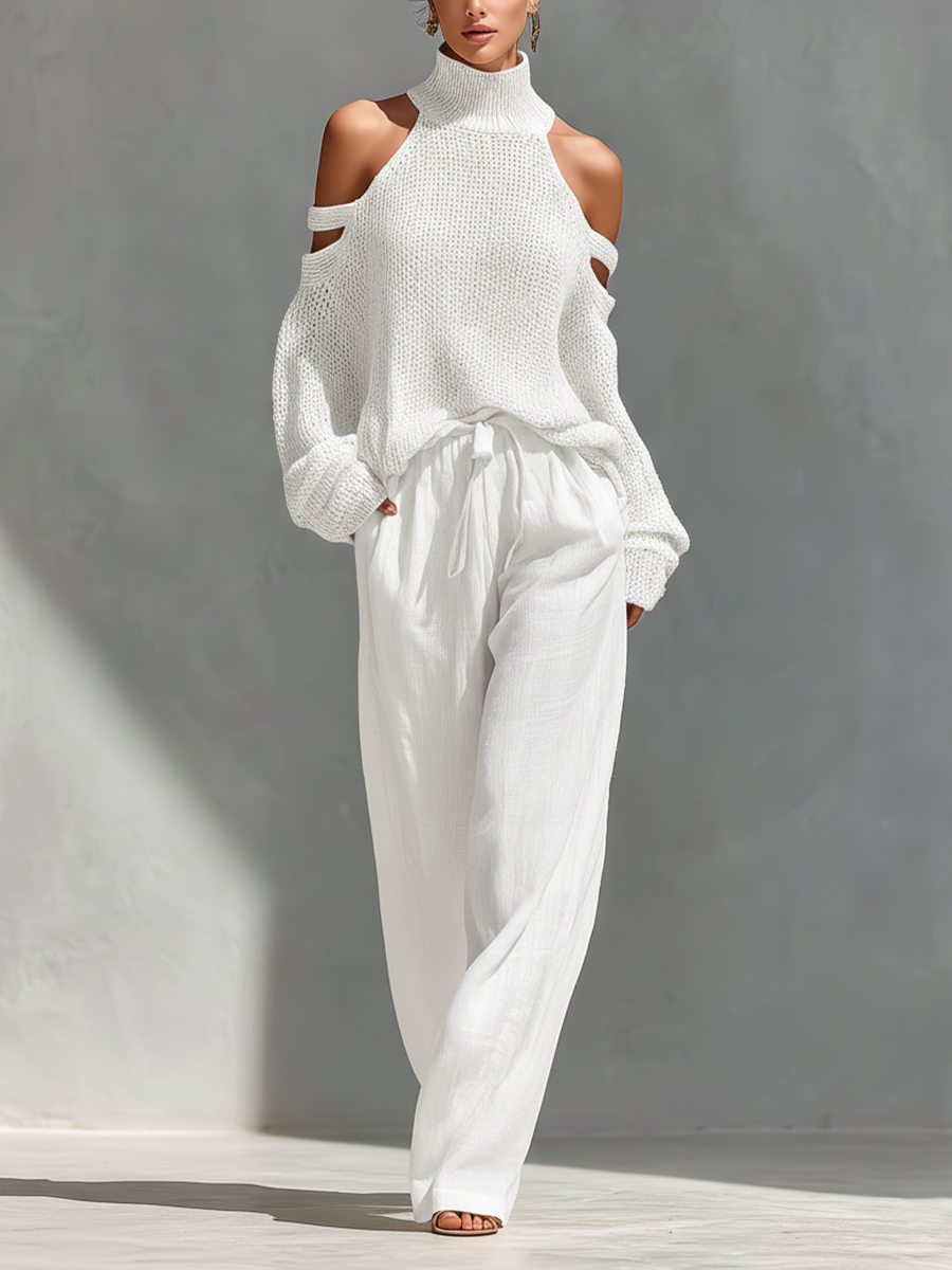 Lorna™ - Beige Knit Fabric Cold-Shoulder Turtleneck Top & Wide-Leg Pants Set