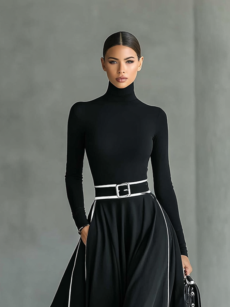 Jade™ - Black Stitching White Trim High Collar Long Sleeve Tight Belt Maxi Dress