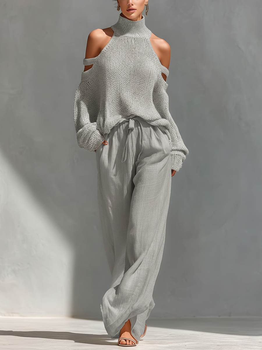 Lorna™ - Beige Knit Fabric Cold-Shoulder Turtleneck Top & Wide-Leg Pants Set