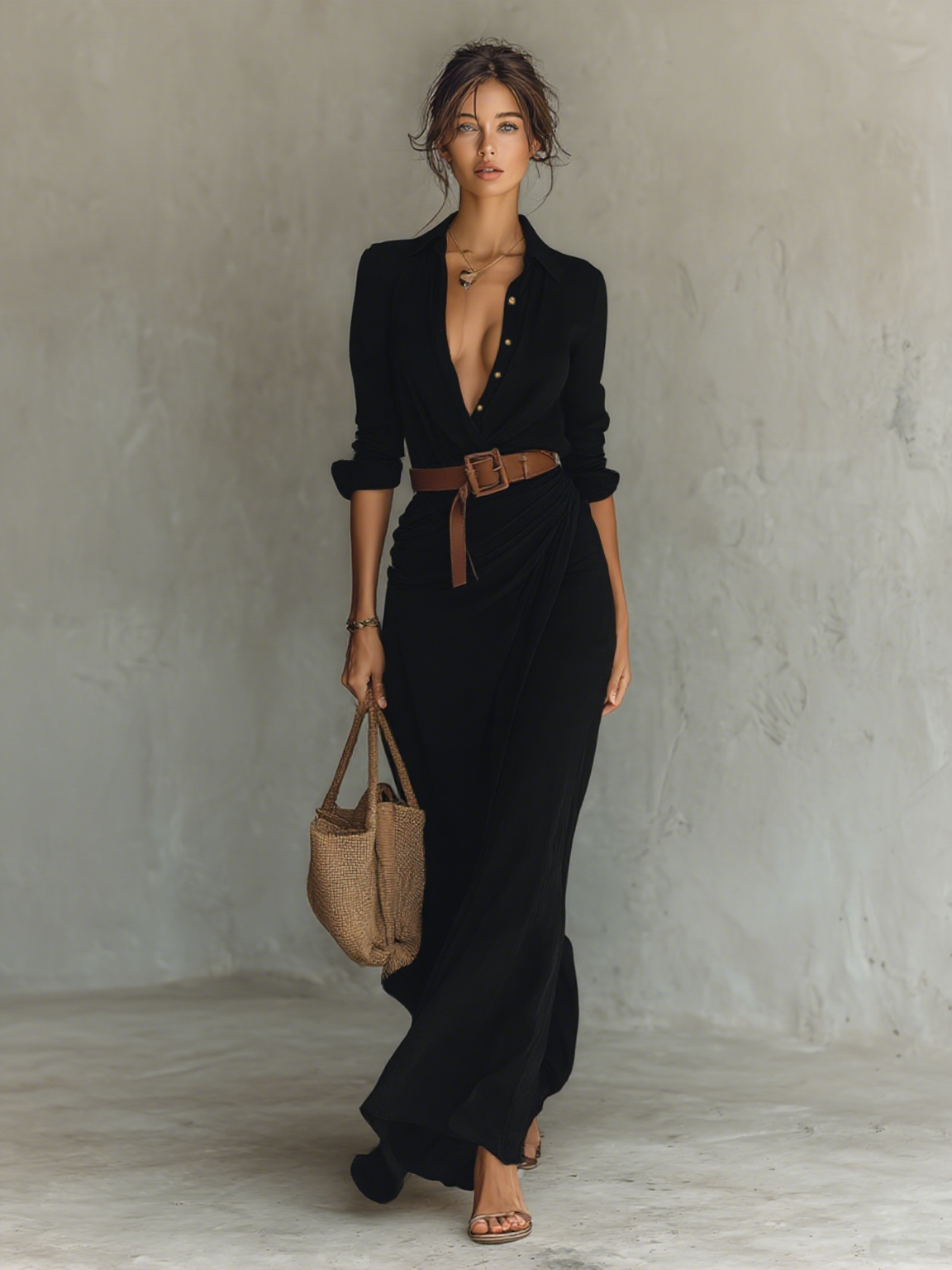 Elsie™ - Lapel Single Breasted Long Sleeve Belted Maxi Dress
