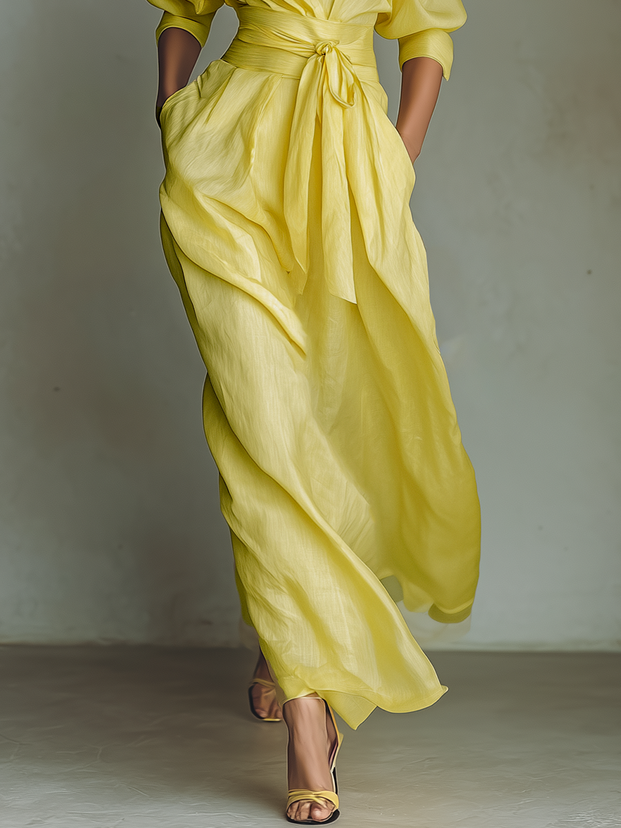 Millicent™ - Lemon Yellow Cotton And Linen Blend Maxi Shirt Dress With Tie Waist & Half Sleeves