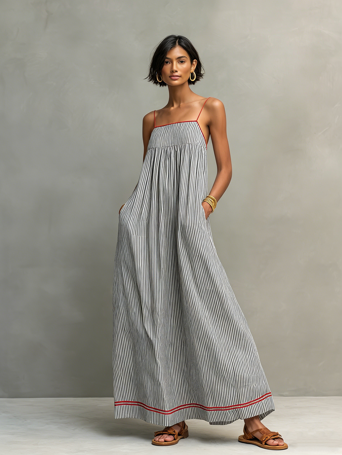 Heidi™ - Minimalist Striped Maxi Dress With Red Trim And Spaghetti Straps