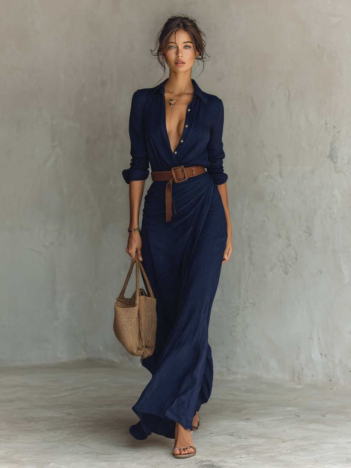 Elsie™ - Lapel Single Breasted Long Sleeve Belted Maxi Dress