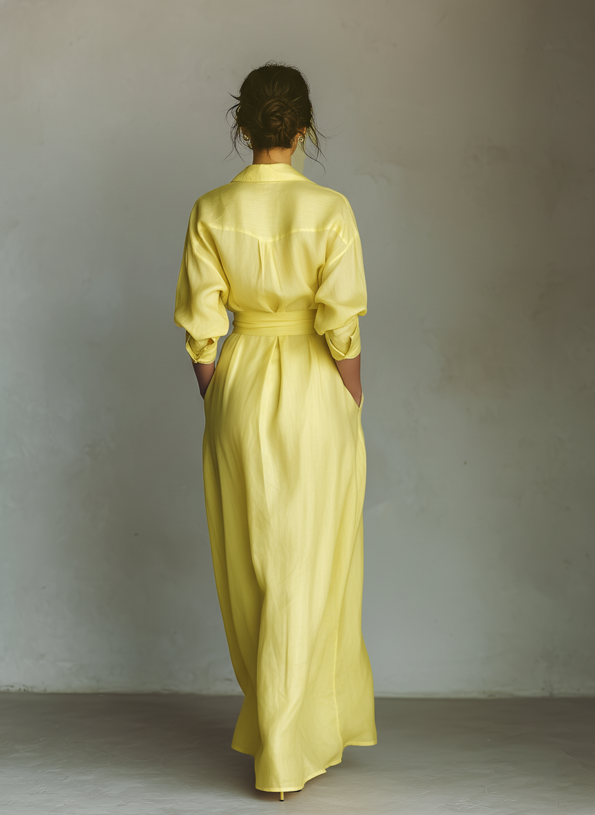 Millicent™ - Lemon Yellow Cotton And Linen Blend Maxi Shirt Dress With Tie Waist & Half Sleeves