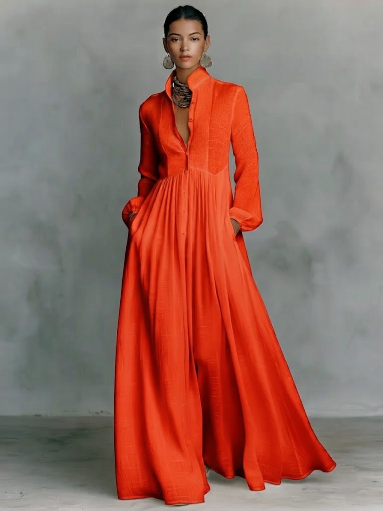 Jasmine™ - Minimalist Cotton And Linen Patchwork Single-breasted Stand-up Collar Long-sleeved Maxi Dress