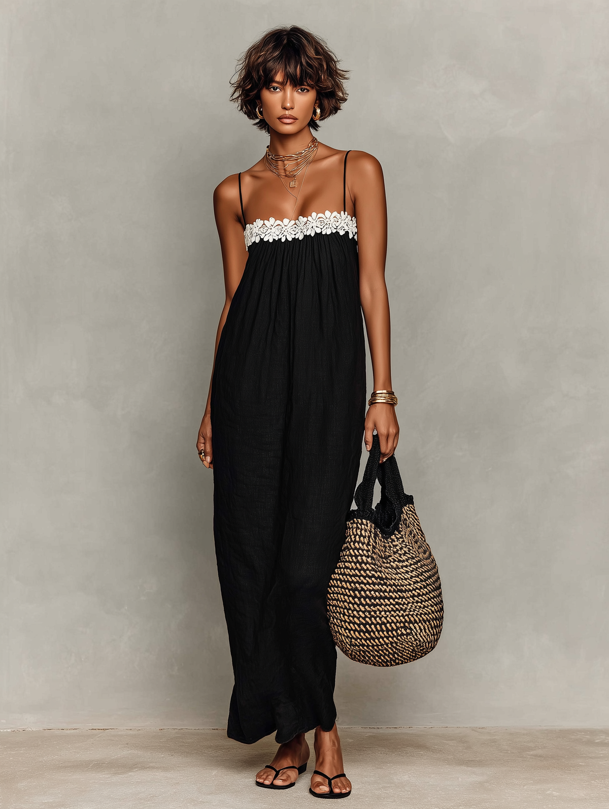 Sadie™ - Minimalist Linen-Blend Lace-Paneled Strapless With Spaghetti Straps Maxi Dress