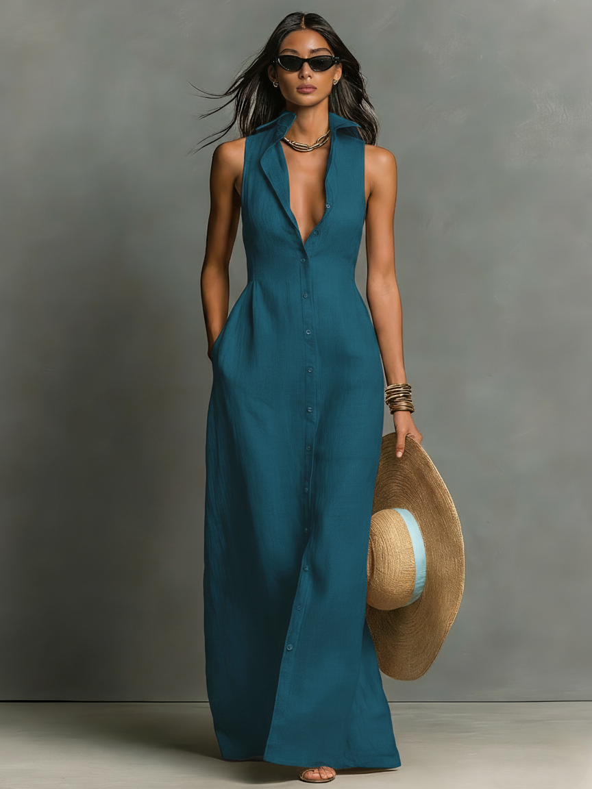 Rosalind™ - Minimalist Linen-Blend Collared Single-Breasted Sleeveless Maxi Shirt Dress