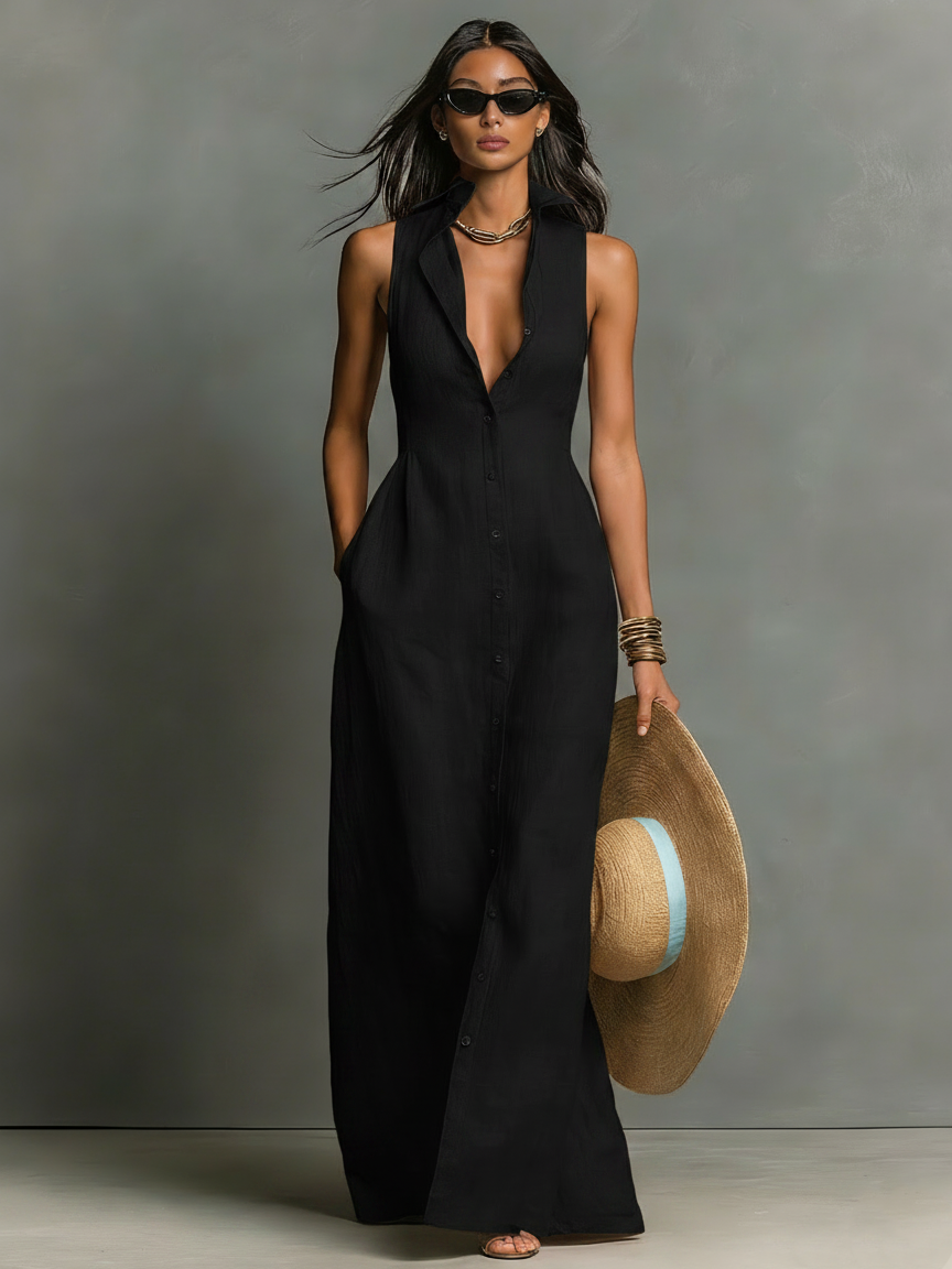 Rosalind™ - Minimalist Linen-Blend Collared Single-Breasted Sleeveless Maxi Shirt Dress