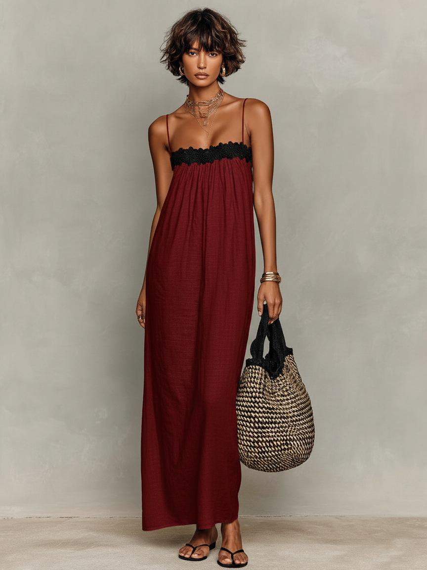 Sadie™ - Minimalist Linen-Blend Lace-Paneled Strapless With Spaghetti Straps Maxi Dress