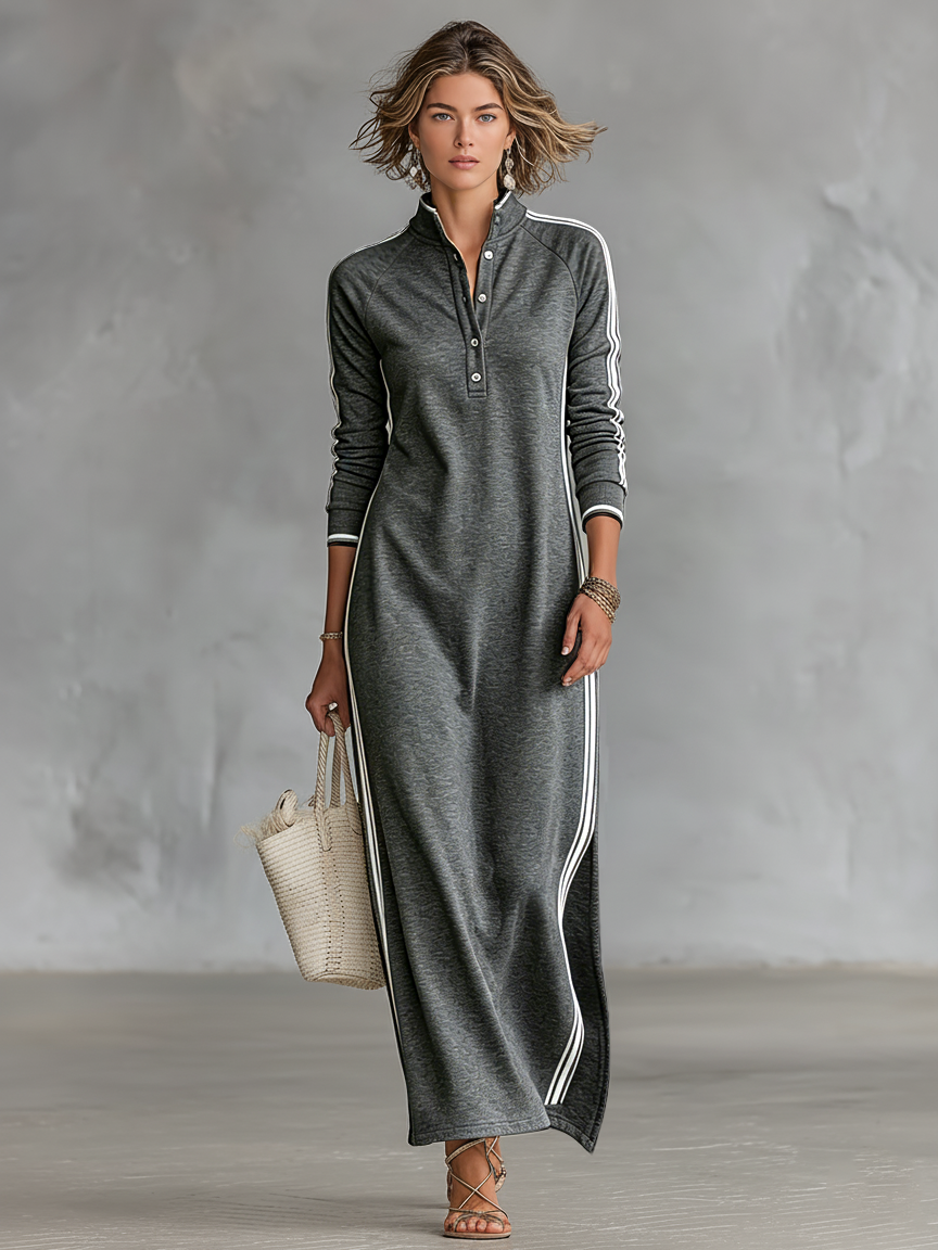 Matilda™ - Minimalist White-trimmed Button-down Collar Sweatshirt Maxi Dress
