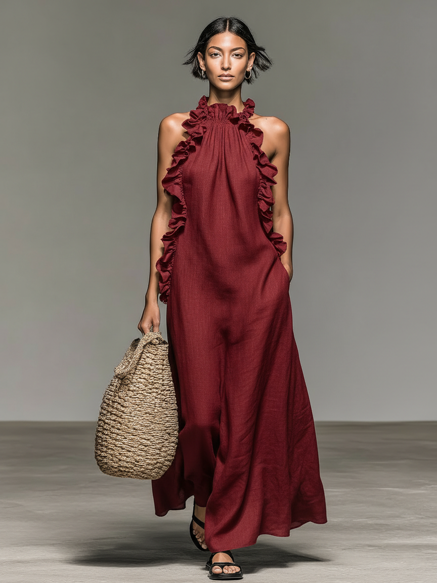 Mavis™ - Minimalist Linen-blend Sleeveless Maxi Dress With Ruffle Details