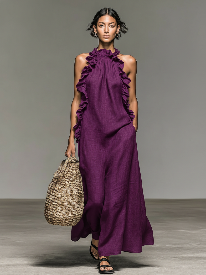 Mavis™ - Minimalist Linen-blend Sleeveless Maxi Dress With Ruffle Details