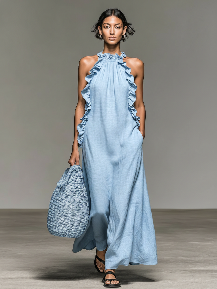 Mavis™ - Minimalist Linen-blend Sleeveless Maxi Dress With Ruffle Details