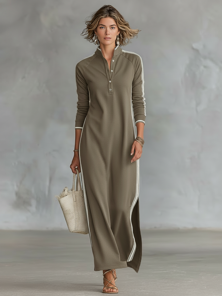 Matilda™ - Minimalist White-trimmed Button-down Collar Sweatshirt Maxi Dress