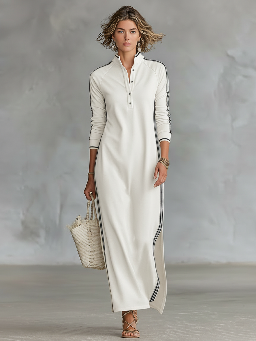 Matilda™ - Minimalist White-trimmed Button-down Collar Sweatshirt Maxi Dress