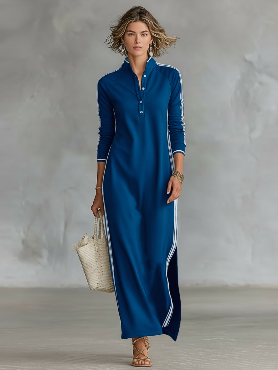 Matilda™ - Minimalist White-trimmed Button-down Collar Sweatshirt Maxi Dress