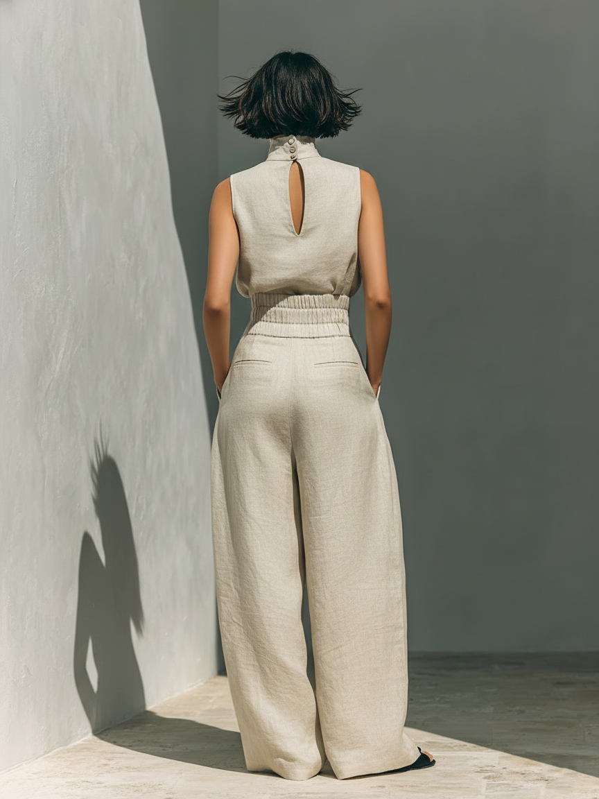 Georgia™ - Minimalist Cotton And Linen Blend Sleeveless Blouse And Wide-leg Pants Set