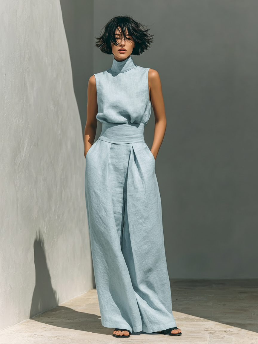 Georgia™ - Minimalist Cotton And Linen Blend Sleeveless Blouse And Wide-leg Pants Set