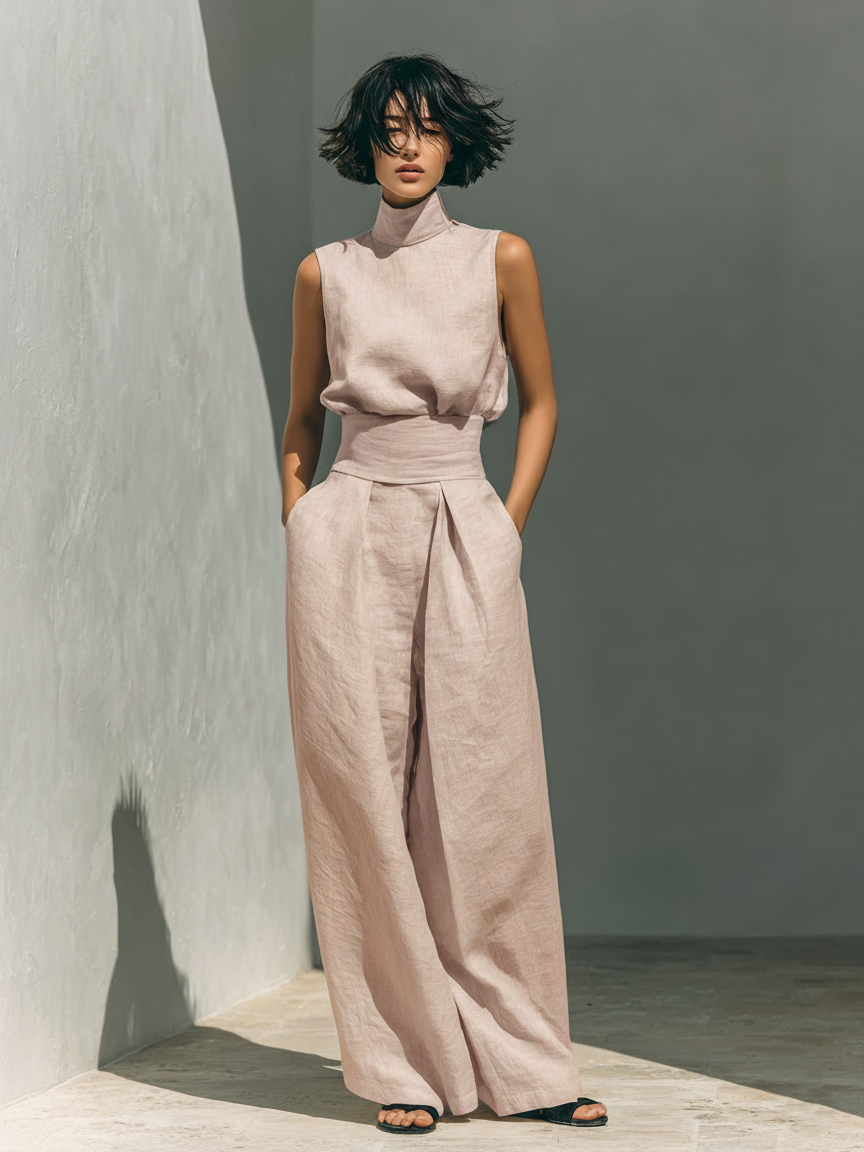 Georgia™ - Minimalist Cotton And Linen Blend Sleeveless Blouse And Wide-leg Pants Set