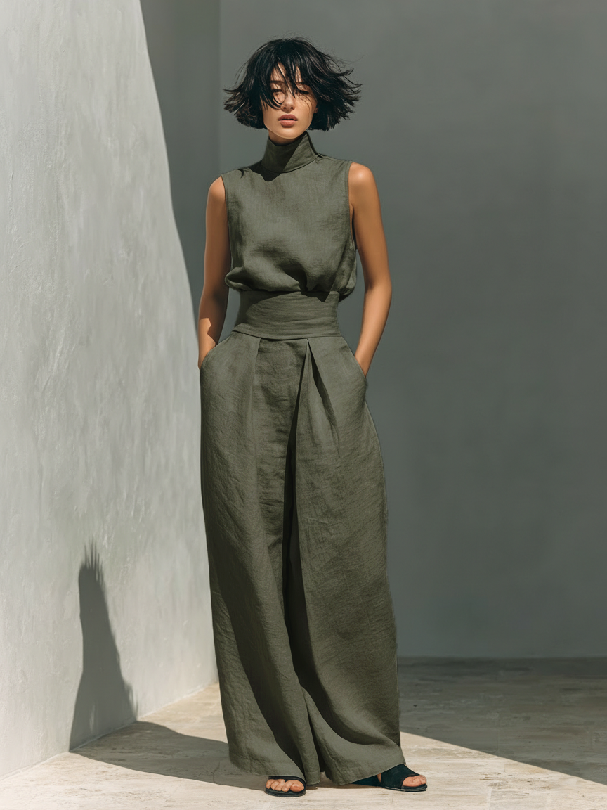 Georgia™ - Minimalist Cotton And Linen Blend Sleeveless Blouse And Wide-leg Pants Set