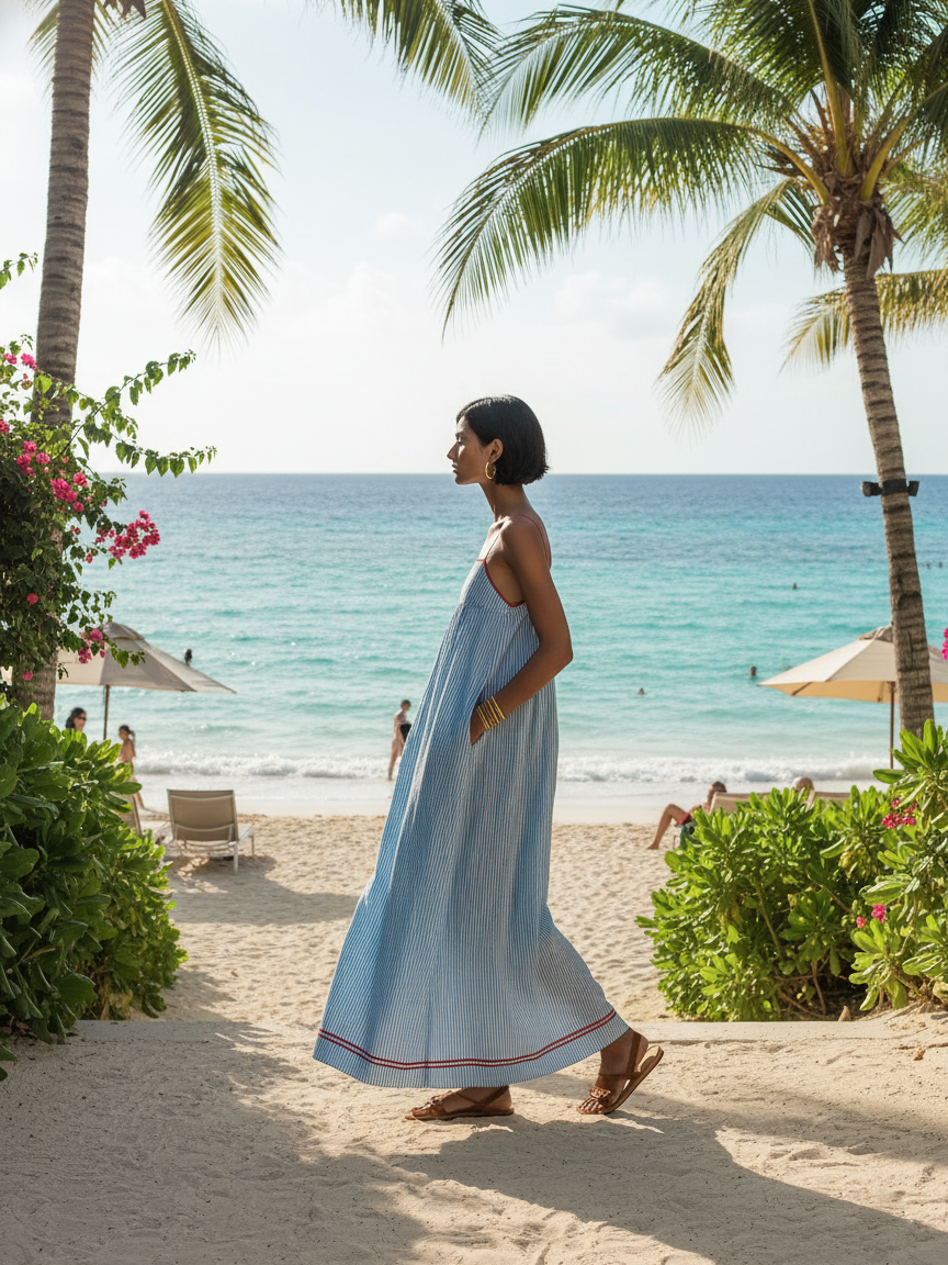 Heidi™ - Minimalist Striped Maxi Dress With Red Trim And Spaghetti Straps