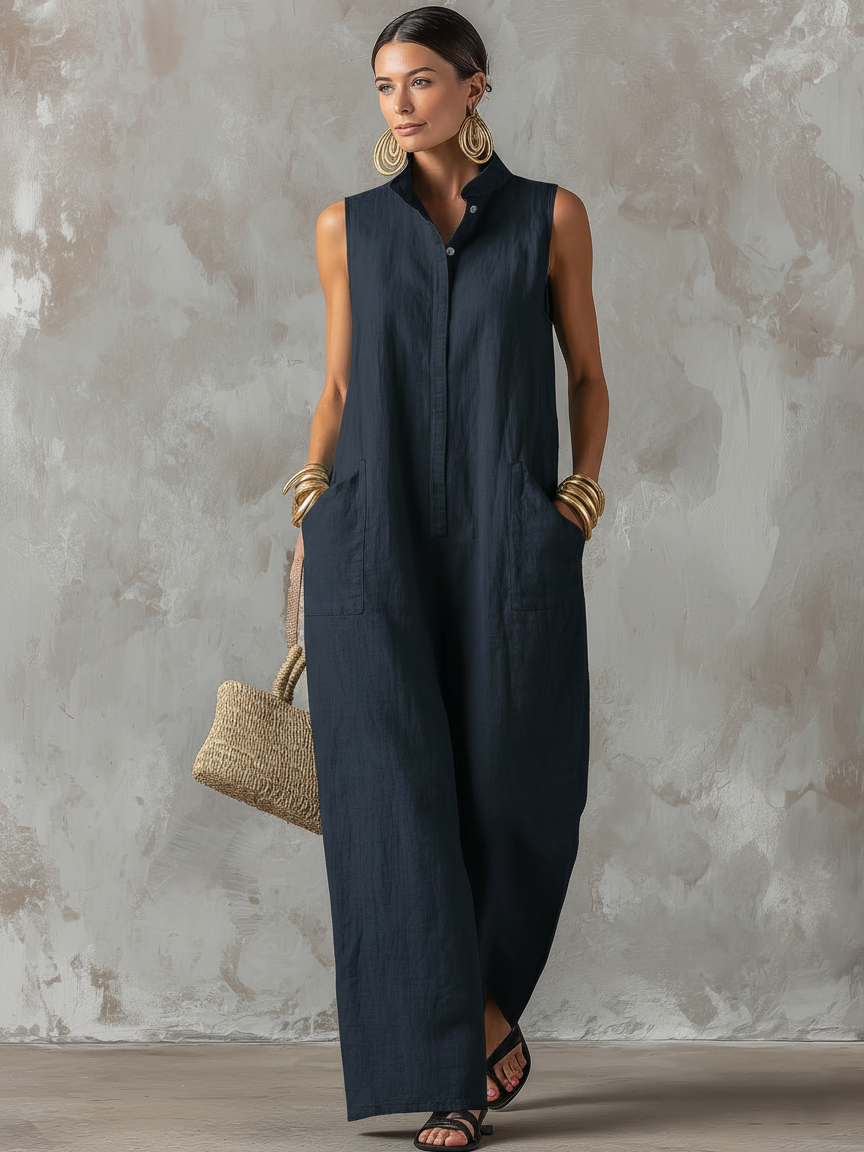 Lola™ - Minimalist Loose-Fit Linen-Blend Jumpsuit — Stand Collar, Sleeveless, Single-Breasted