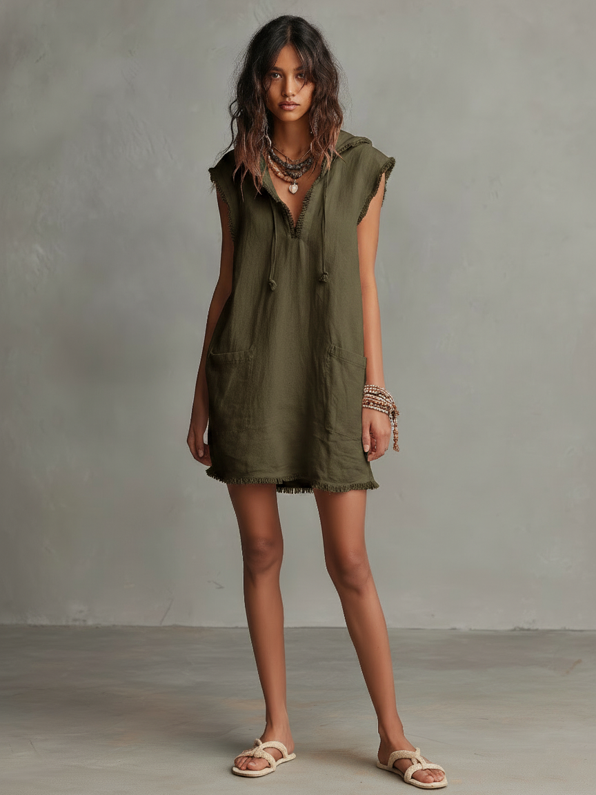 Kasey™ - Minimalist Linen-Blend Mini Dress — Hooded, Sleeveless, Raw Hem