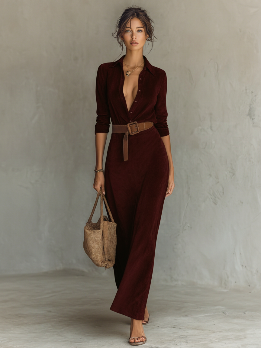 Jaime™ - Suede Single-breasted Lapel Belt Maxi Dress
