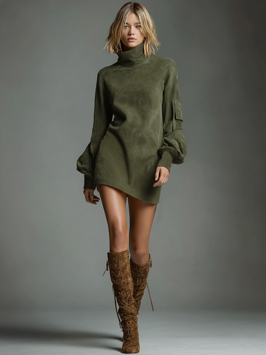 Indi™ - Vintage Loose Suede Turtleneck Mini Dress