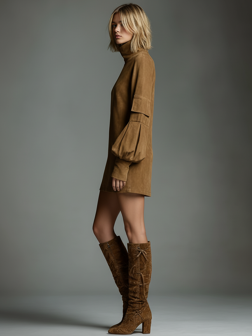 Indi™ - Vintage Loose Suede Turtleneck Mini Dress