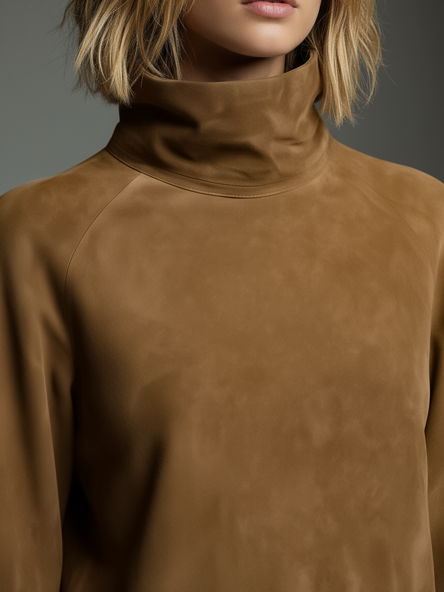 Indi™ - Vintage Loose Suede Turtleneck Mini Dress