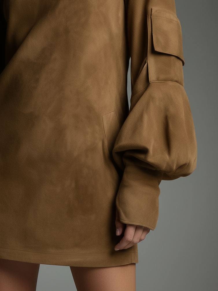 Indi™ - Vintage Loose Suede Turtleneck Mini Dress