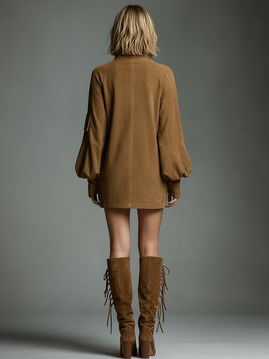 Indi™ - Vintage Loose Suede Turtleneck Mini Dress