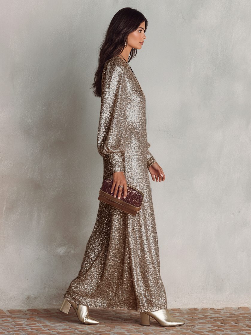 Rebecca™ - Minimalist Loose Shimmering V-neck Maxi Party Dress