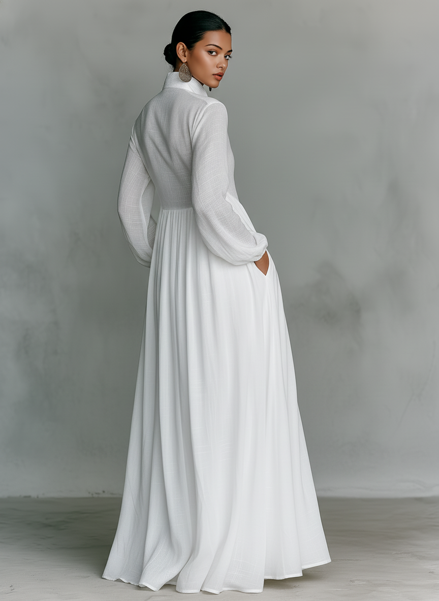 Jasmine™ - Minimalist Cotton And Linen Patchwork Single-breasted Stand-up Collar Long-sleeved Maxi Dress