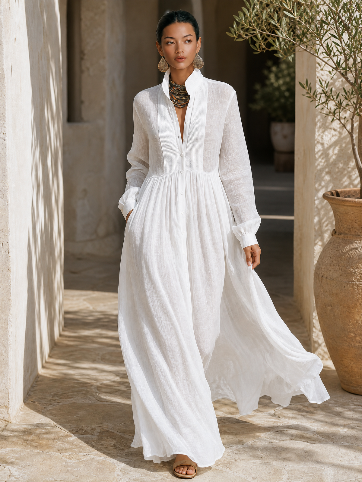 Jasmine™ - Minimalist Cotton And Linen Patchwork Single-breasted Stand-up Collar Long-sleeved Maxi Dress