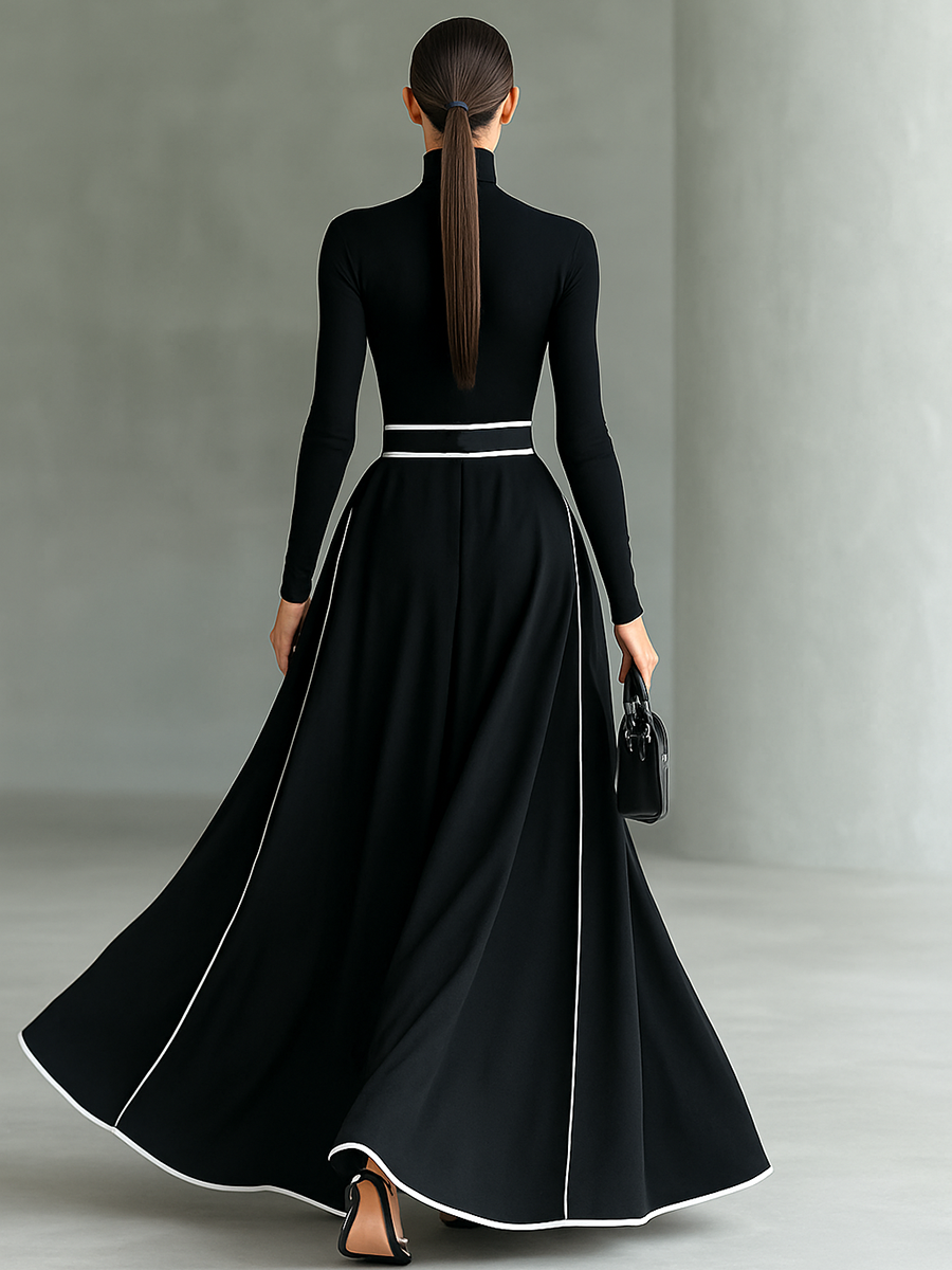 Jade™ - Black Stitching White Trim High Collar Long Sleeve Tight Belt Maxi Dress