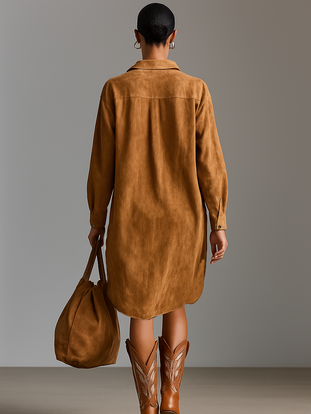 Kayla™ - Suede Loose Lapel V-neck Embroidered Long-sleeved Midi Dress