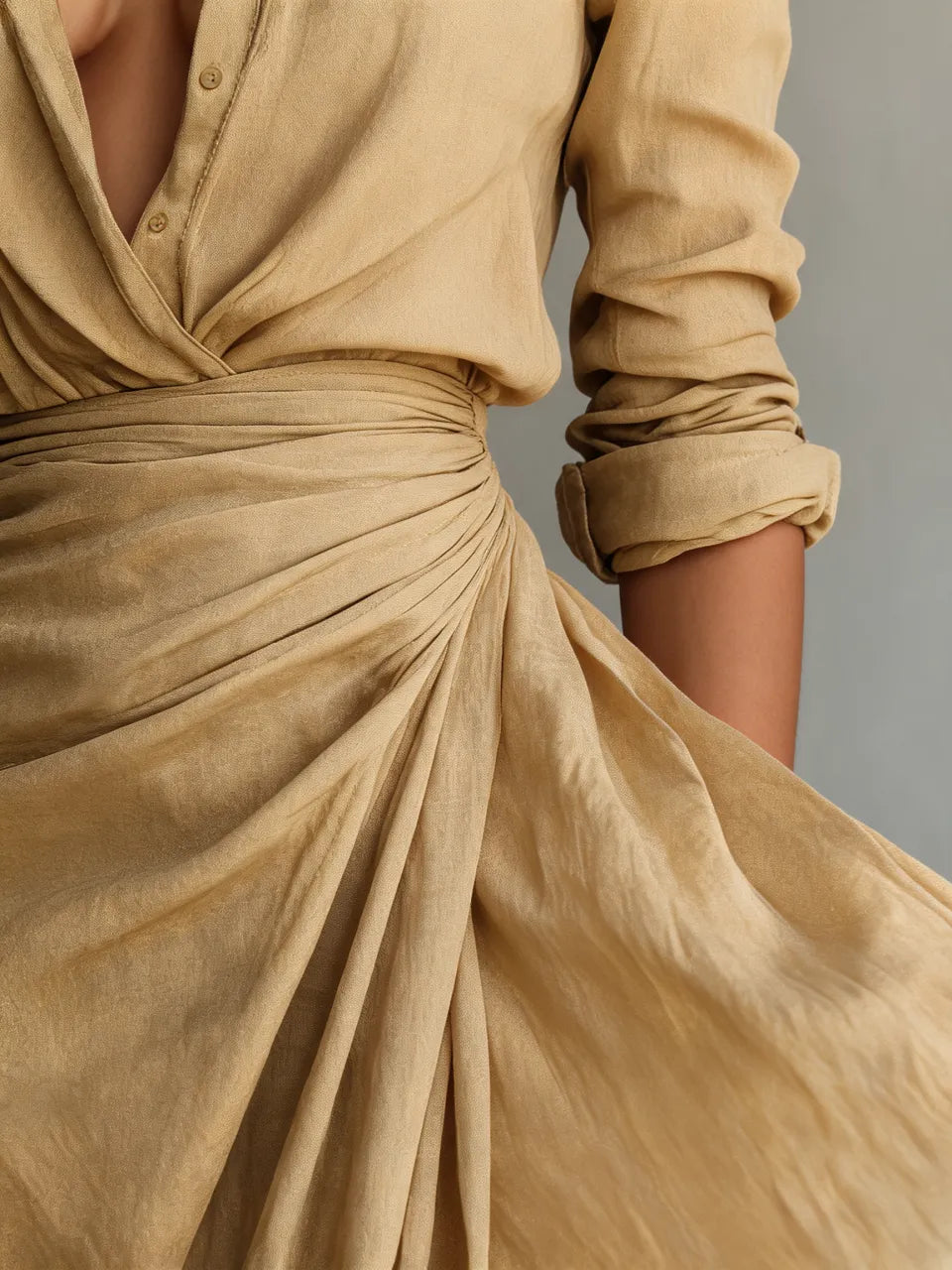 Elsie™ - Lapel Single Breasted Long Sleeve Belted Maxi Dress