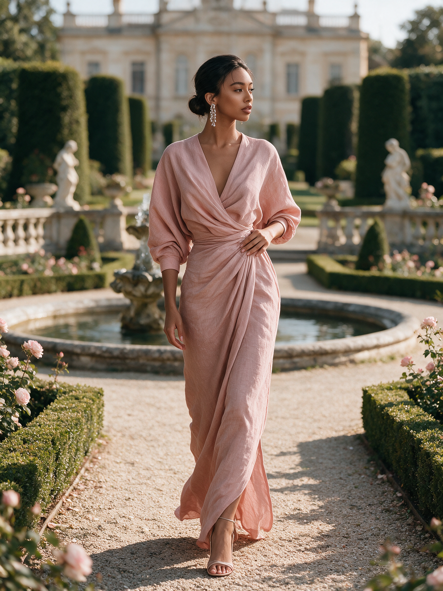 Abigail™ - Pink Minimalist V-neck Linen Blend Maxi Dress