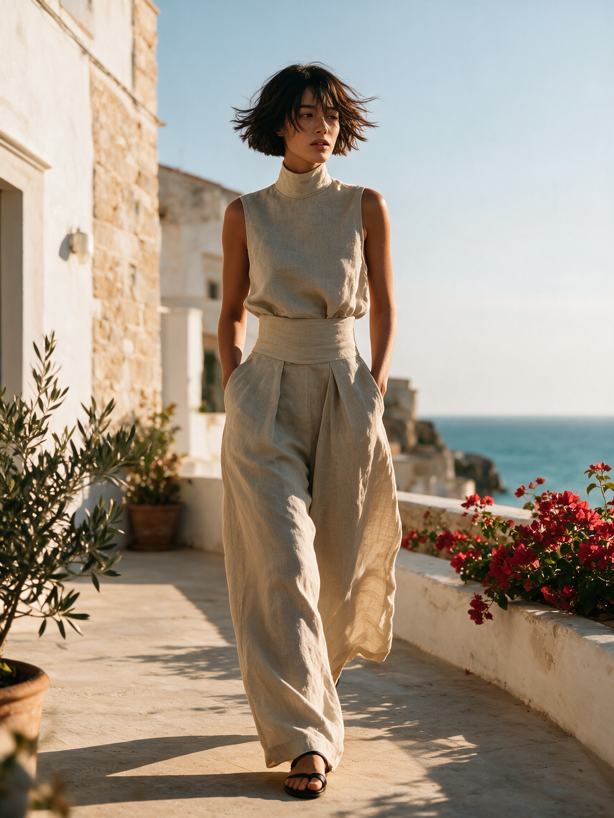 Georgia™ - Minimalist Cotton And Linen Blend Sleeveless Blouse And Wide-leg Pants Set