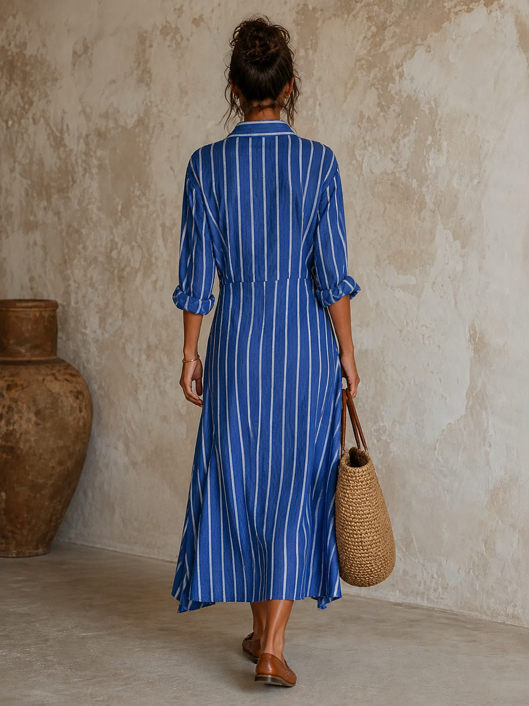 Nicole™ - Minimalist Striped Single-Breasted Long-Sleeve Midi Dress With Asymmetric Hem