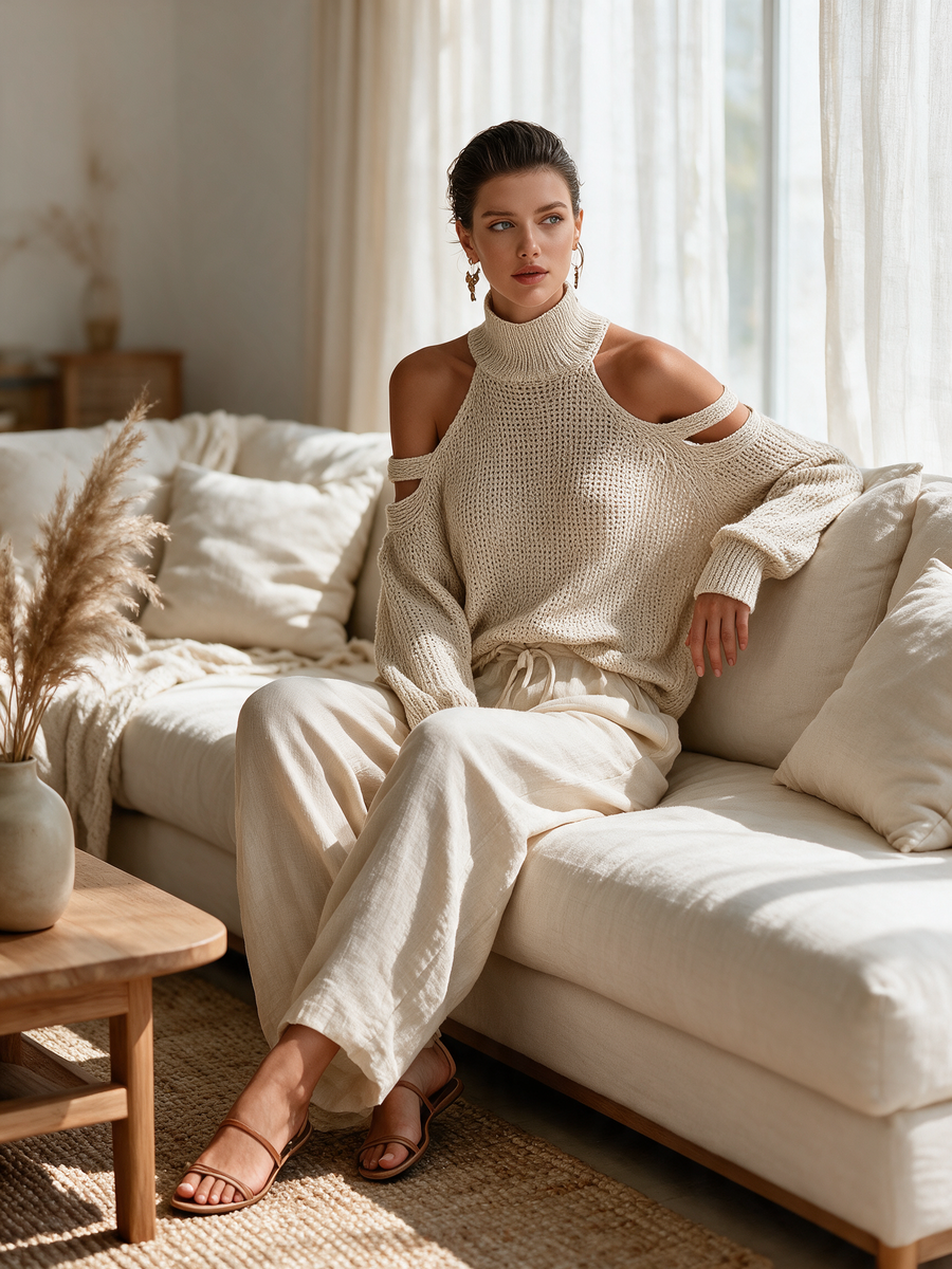 Lorna™ - Beige Knit Fabric Cold-Shoulder Turtleneck Top & Wide-Leg Pants Set