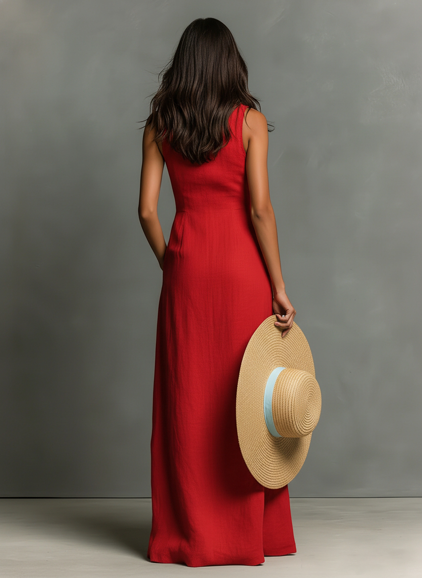 Rosalind™ - Minimalist Linen-Blend Collared Single-Breasted Sleeveless Maxi Shirt Dress