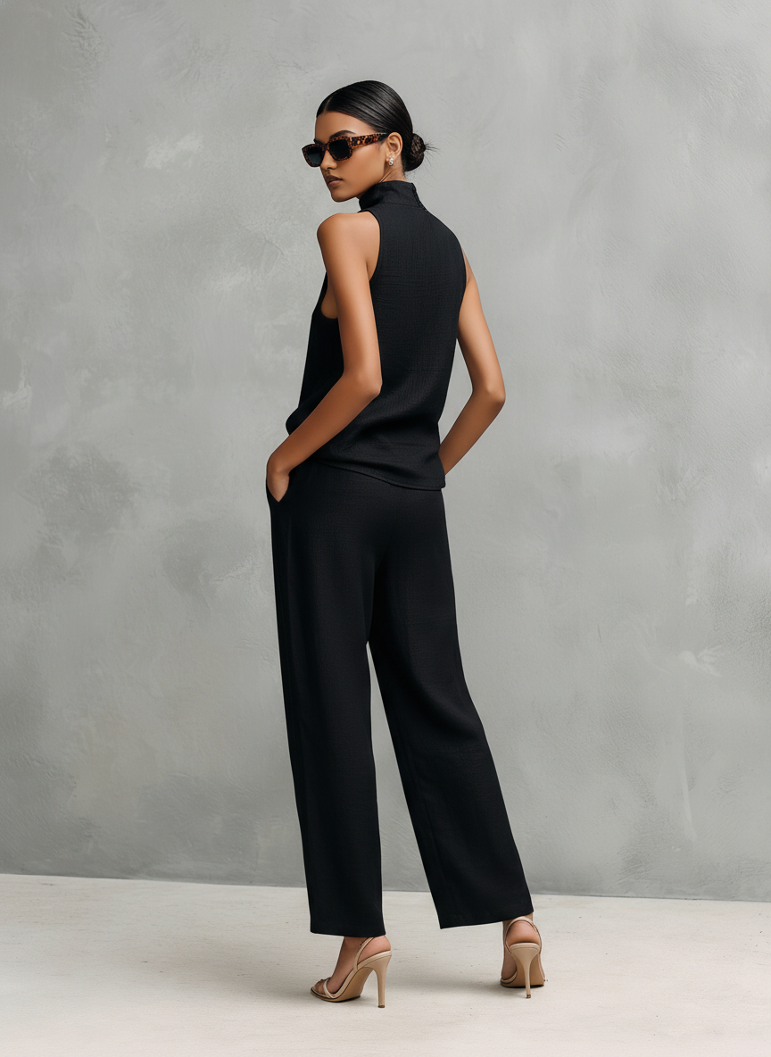 Kiah™ - Elegant Black Cotton And Linen Round-neck Sleeveless Top And Trousers Set