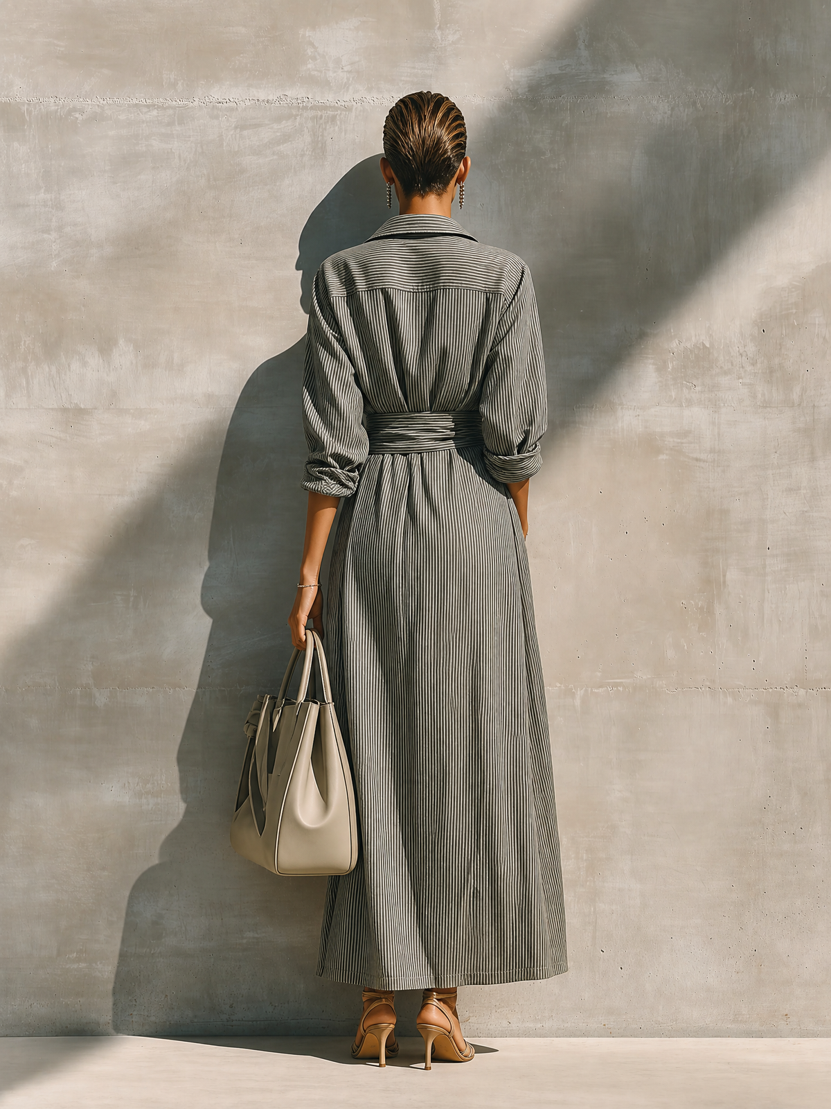 Kylie™ - Grey White Vertical Stripe Cotton Blend Collared Wrap Tie Waist Side Pocket Maxi Shirt Dress