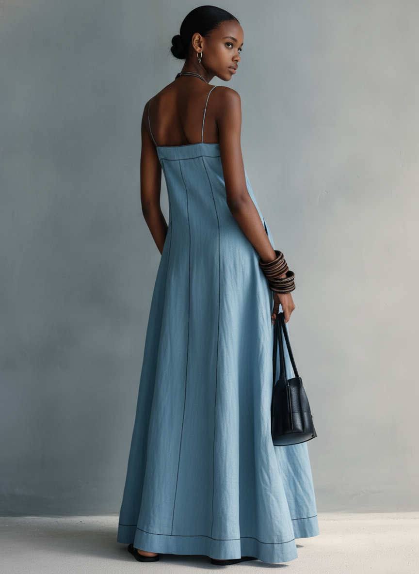 Megan™ - Casual Blue Cotton-linen Sleeveless Camisole Maxi Dress
