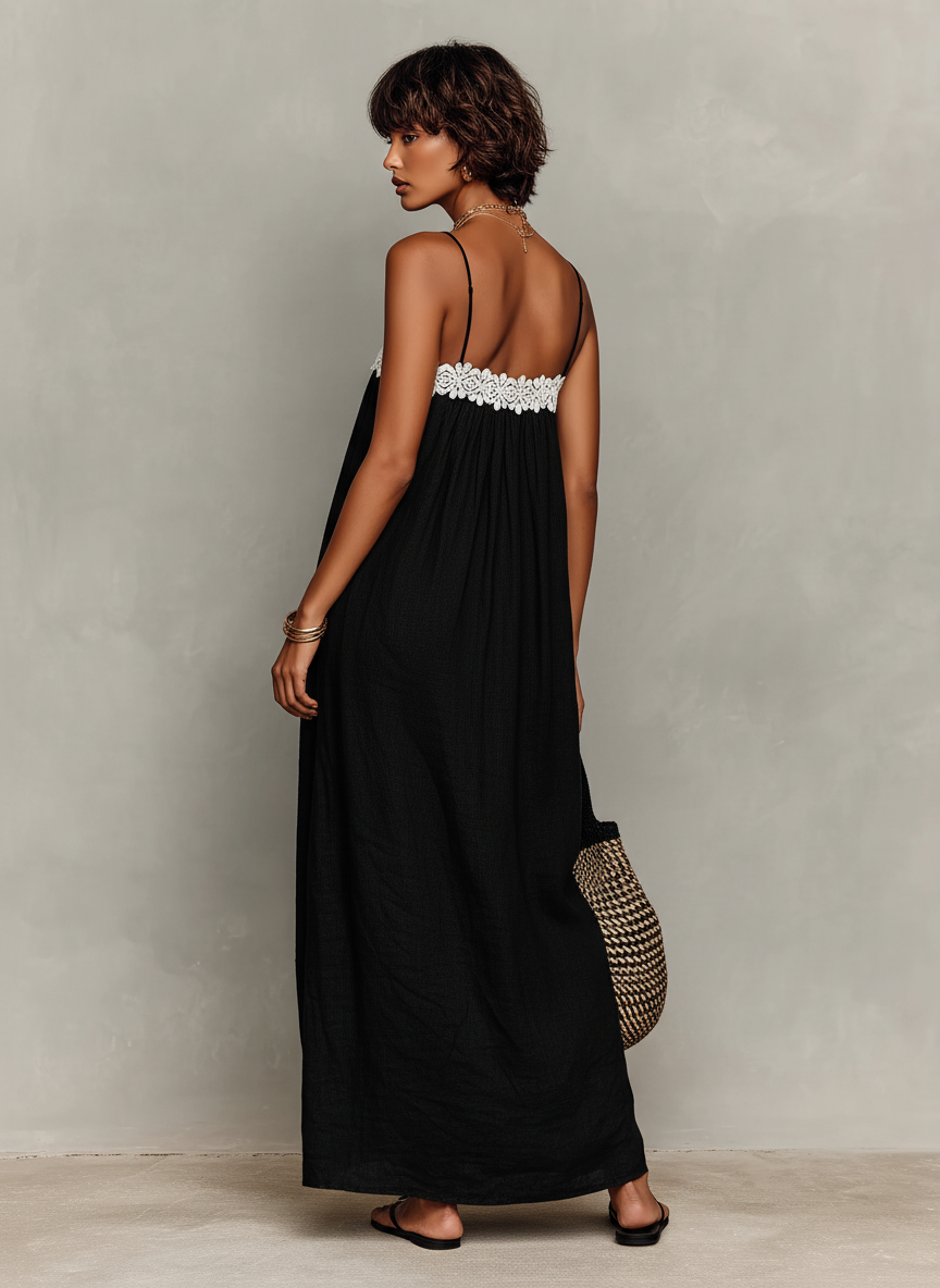 Sadie™ - Minimalist Linen-Blend Lace-Paneled Strapless With Spaghetti Straps Maxi Dress